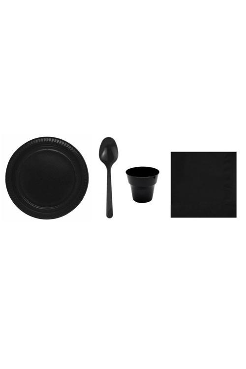 Siyah Plastik Tabak Plastik Bardak Plastik Kaşık Peçete Seti 95 Parça Sofra Seti Parti Seti