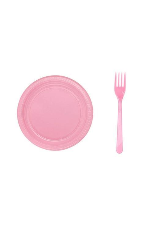 Pembe Plastik Tabak Plastik Çatal Seti Parti Seti 50 Parça Sofra Seti Parti Seti