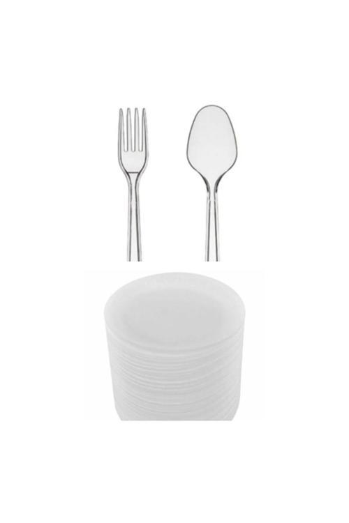 Plastik Çatal+ Plastik Kaşık+17 Cm Köpük Tabak 50 Adet
