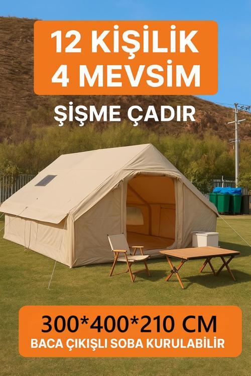 12 Kişilik 4 Mevsim Şişme Kamp Çadırı 300x400 cm Yükseklik 210 cm Su Geçirmez Oxford Kumaş
