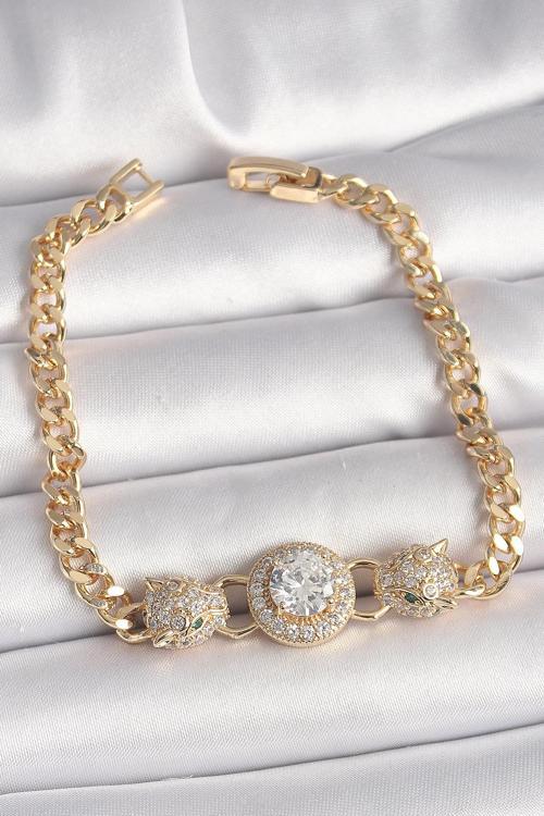 Pirinç Gold Renk Zirkon Taşlı Leopar Figür Zincir Model Kadın Bileklik