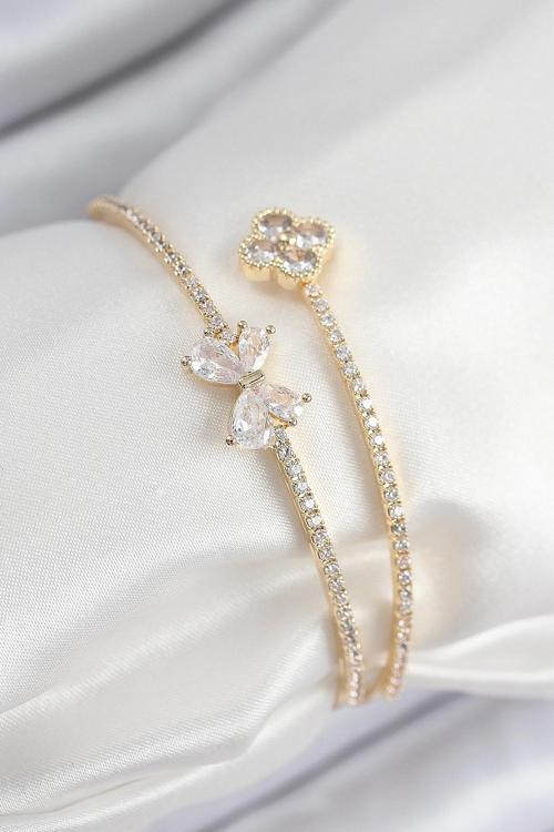 Pirinç Zirkon Taşlı Fiyonk Ve Yonca Model Gold Renk Kadın Bileklik