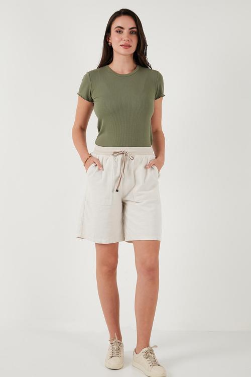 Pamuklu Relaxed Fit Yüksek Bel Cepli Mini Bayan Şort 668YP5384 TAŞ