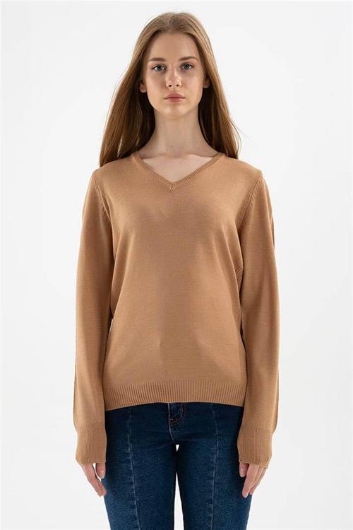 Regular Fit V Yaka Triko Bayan Kazak 24K0244K1 CAMEL