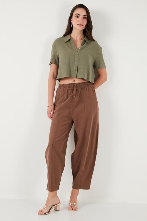 Pamuklu Relaxed Fit Normal Bel Daralan Paça Bayan Pantolon 668YP5198 KAHVE