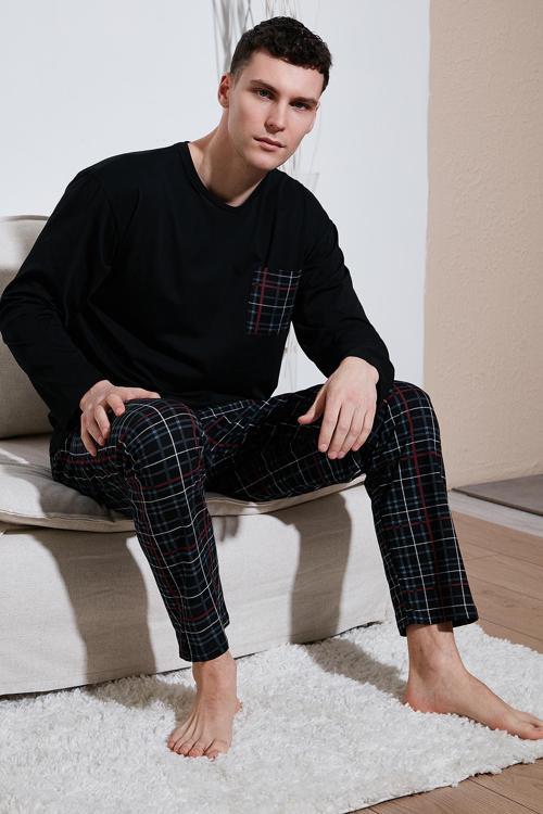 Ekoseli Cepli Beli Lastikli % 100 Pamuk Regular Fit Erkek Pijama Takımı 6572001 SİYAH-FÜME