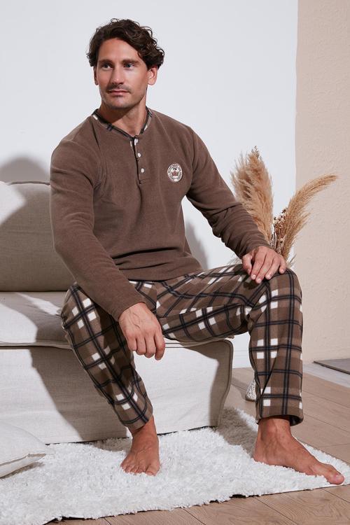 Ekose Regular Fit Bisiklet Yaka Kışlık Polar Erkek Pijama Takımı 609610013W4 CAMEL