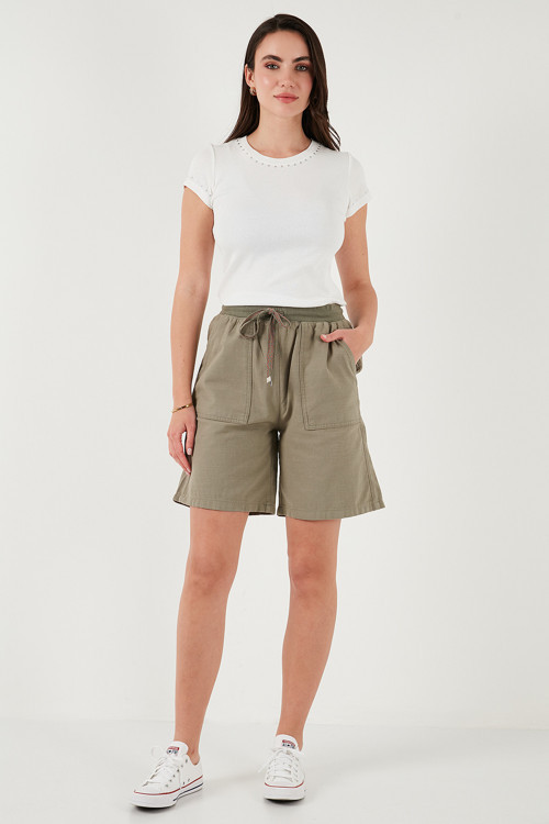Pamuklu Relaxed Fit Yüksek Bel Cepli Mini Bayan Şort 668YP5384 HAKİ