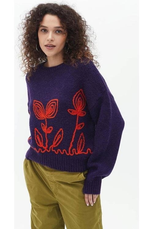 Regular Fit Bisiklet Yaka Nakışlı Örme Bayan Kazak 24K0031K1 MOR