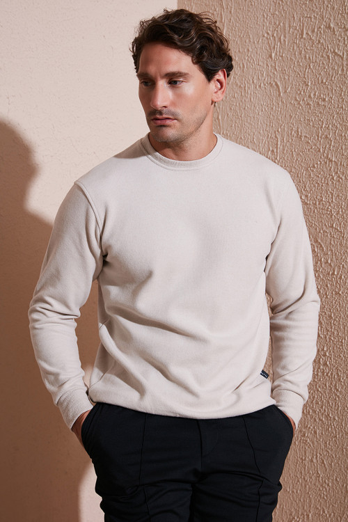 Slim Fit Bisiklet Yaka Pamuklu Erkek Kazak 456201 BEJ