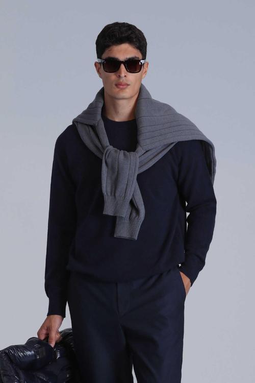 Moon Streç Yün Karışımlı Regular Fit Bisiklet Yaka Erkek Kazak 112090128 LACİVERT