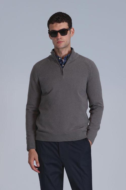 Yün Karışımlı Dik Yaka Yarım Fermuarlı Triko Stavan Erkek Kazak 112090141 VİZON