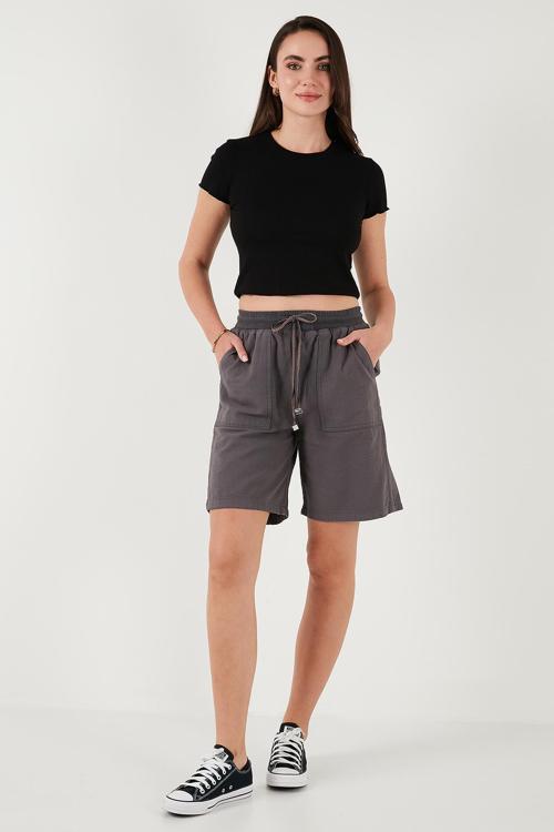 Pamuklu Relaxed Fit Yüksek Bel Cepli Mini Bayan Şort 668YP5384 ANTRASİT