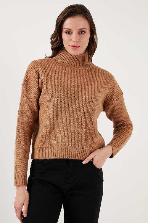 Slim Fit Dik Yaka Bayan Kazak 24K0116K1 CAMEL