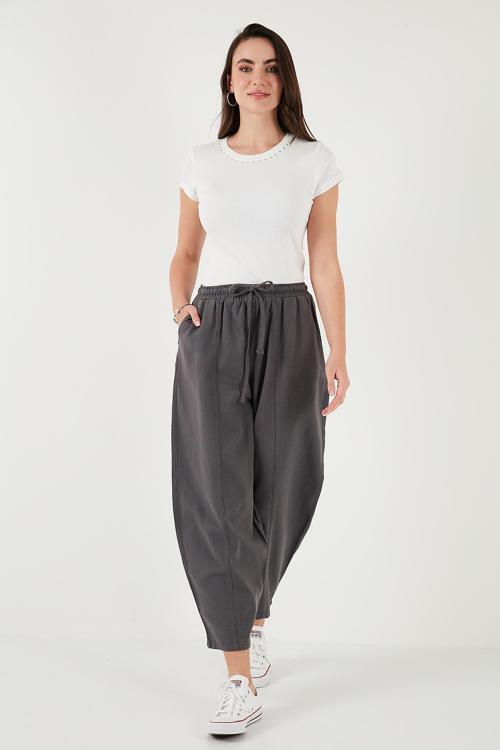 Pamuklu Relaxed Fit Normal Bel Daralan Paça Bayan Pantolon 668YP5198 ANTRASİT