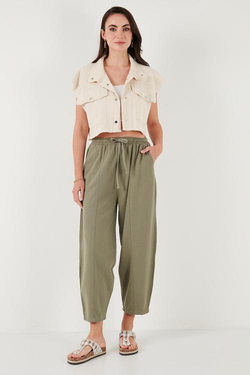 Pamuklu Relaxed Fit Normal Bel Daralan Paça Bayan Pantolon 668YP5198 HAKİ