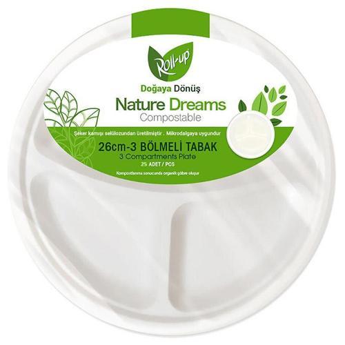 Nature Ekolojik Karton Kağıt Tek Kullanımlık 3 Bölmeli Tabak - 26 Cm. - 25 Adetlik 1 Paket