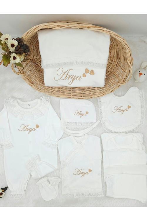 10'Lu Dantelli Hastane Çıkış Tulum Seti (Kişiye Özgü Isimli Nakış Desenli)