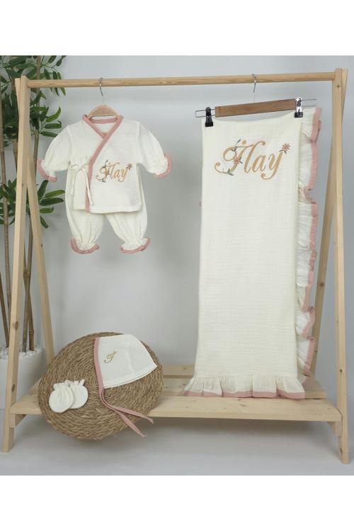 Müslin Yeni Doğan 4Katlı Organik %100Pamuk Kişiye Özgü Nakışlı Hastane Çıkış Seti (Papatya Model-9)