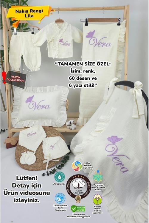- Müslin Yeni Doğan 4Katlı Organik %100Pamuk Kişiye Özgü Nakışlı Hastane Çıkış Seti(Tekli Kelebek-1)