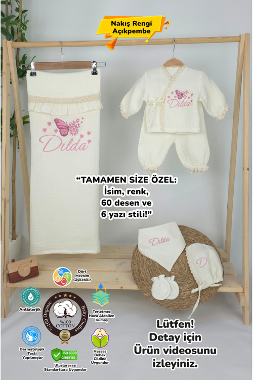 Müslin Yeni Doğan 4Katlı Organik %100Pamuk Kişiye Özgü Nakışlı Hastane Çıkış Seti (Çoklu Kelebek-3)