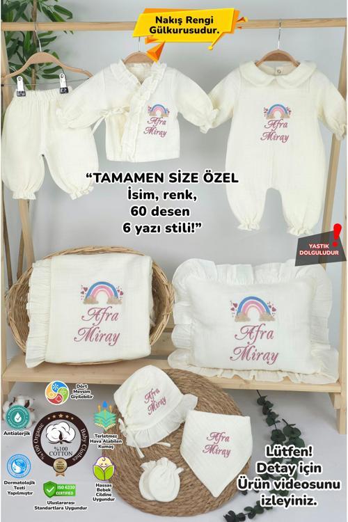 Müslin Yeni Doğan 4 Katlı Organik %100Pamuk Kişiye Özgü Nakışlı Hastane Çıkış Seti-Pudra Gökkuşağı
