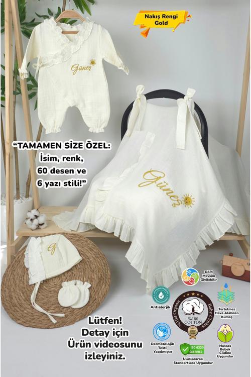 Müslin Yeni Doğan 4Katlı Organik %100Pamuk Kişiye Özgü Nakışlı Hastane Çıkış Seti (Güneş Model-2)
