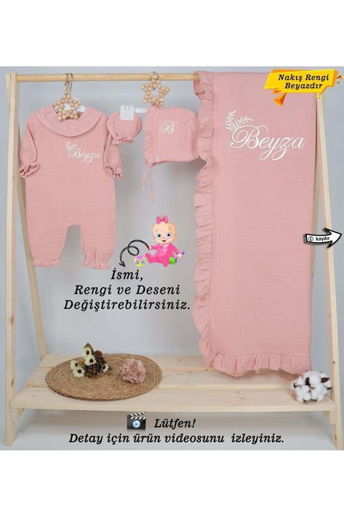 Yakalı Müslin Kumaş Hastane Çıkış Mevlüt Seti %100 Pamuk Organik (Kişiye Özgü İsimli Nakış Desenli)