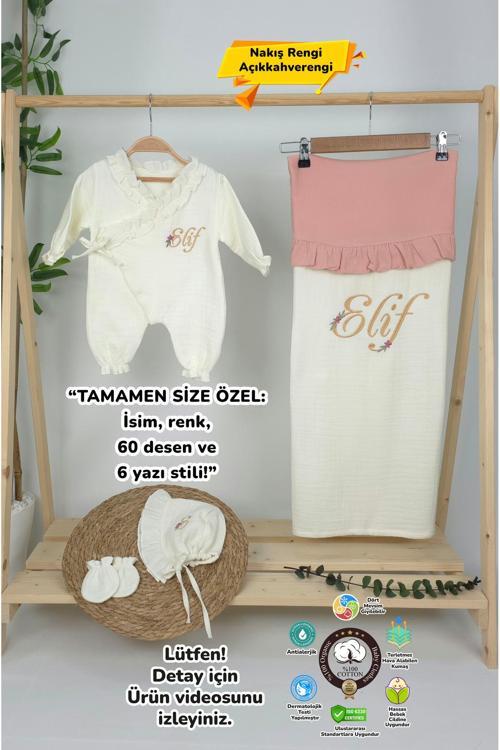 Müslin Yeni Doğan 4Katlı Organik %100Pamuk Kişiye Özgü Nakışlı Hastane Çıkış Seti (Papatya Model-7)