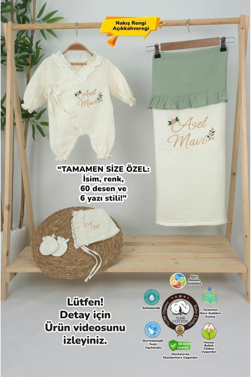Müslin Yeni Doğan 4Katlı Organik %100Pamuk Kişiye Özgü Nakışlı Hastane Çıkış Seti (Güllü Model-5)