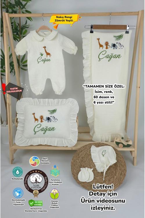 Müslin Yeni Doğan 4Katlı Organik %100Pamuk Kişiye Özgü Nakışlı Hastane Çıkış Seti-Safari Model-2