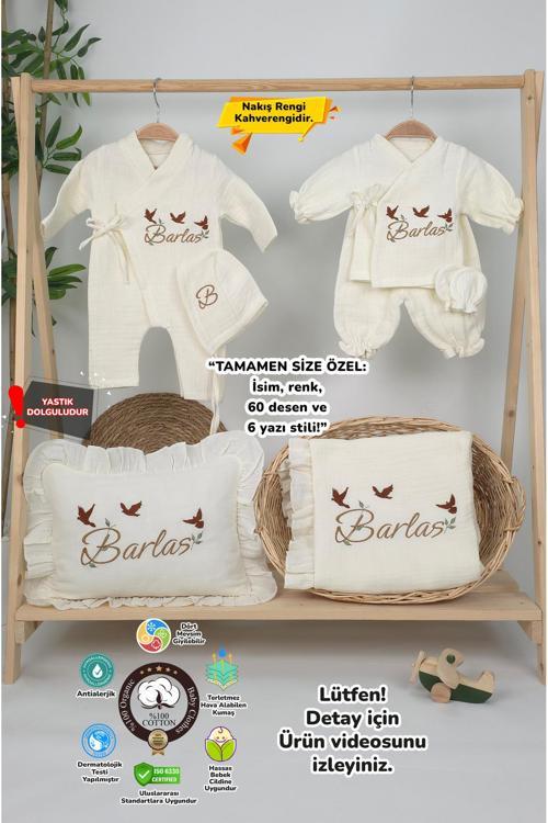 Müslin Yeni Doğan 4Katlı Organik %100Pamuk Kişiye Özgü Nakışlı Hastane Çıkış Seti(3'Lü Kelebk Model)