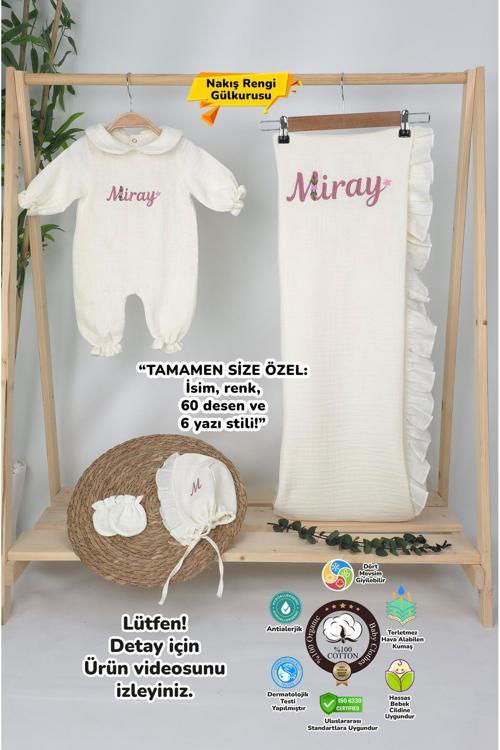 Müslin Yeni Doğan 4Katlı Organik %100Pamuk Kişiye Özgü Nakışlı Hastane Çıkış Seti (Papatya Model-12)