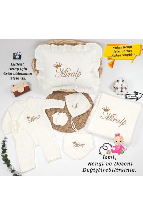 4 Katlı Müslin Kumaş Bağcıklı Tulum %100 Pamuk Hastane Çıkışı Seti(Kişiye Özgü İsimli Nakış Desenli)