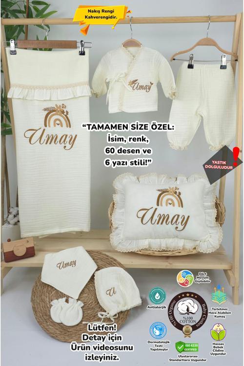Müslin Yeni Doğan 4Katlı Organik %100Pamuk Kişiye Özgü Nakışlı Hastane Çıkış Seti(Gökkuşağı Model1)
