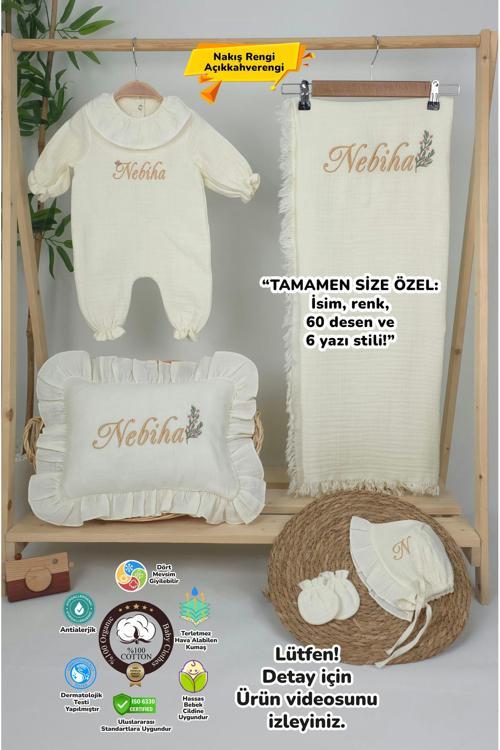 Müslin Yeni Doğan 4Katlı Organik %100Pamuk Kişiye Özgü Nakışlı Hastane Çıkış Seti (Dallı Papatya)