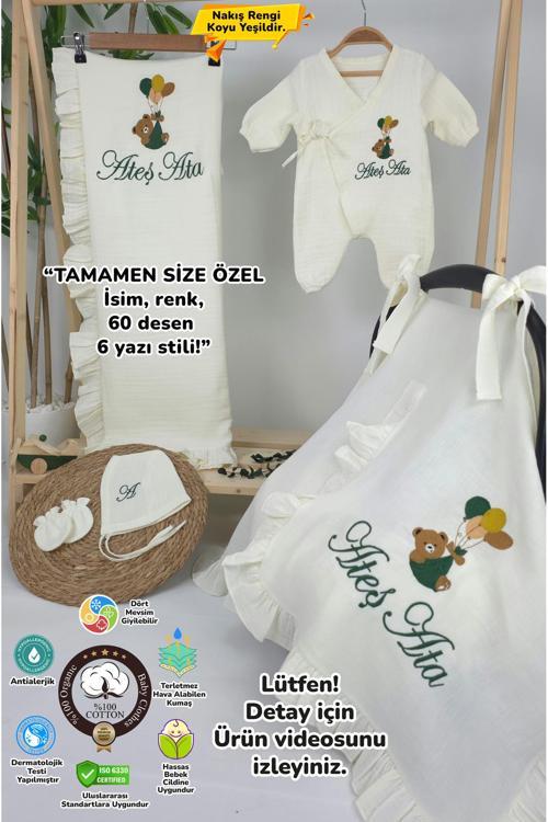 Müslin Yeni Doğan 4Katlı Organik %100Pamuk Kişiye Özgü Nakışlı Hastane Çıkış Seti-Yeşil Ayıcık Balon