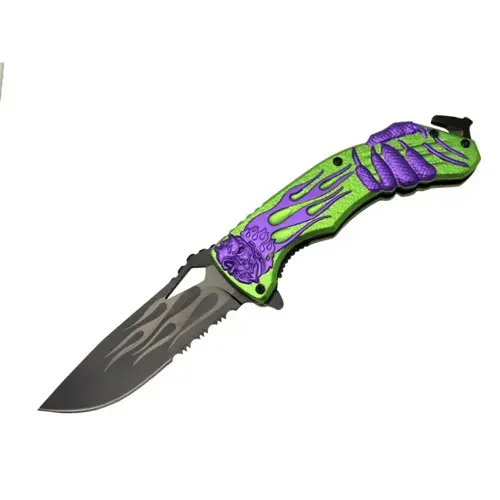 MX20B Testereli Outdoor Çakı 22 cm - Yeşil Metal Sap, Otomatik, İp kesme