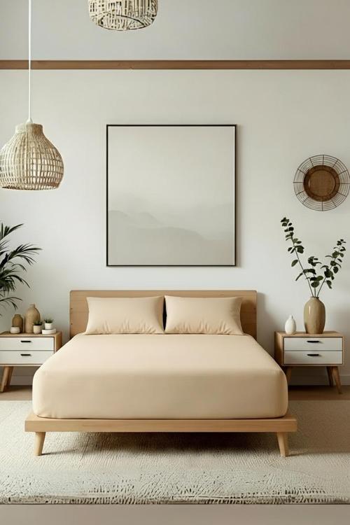 Düz Bej Çift Kişilik Çarşaf Seti %100 Pamuk, 63tel (Çarşaf+Yastık Kılıfı)