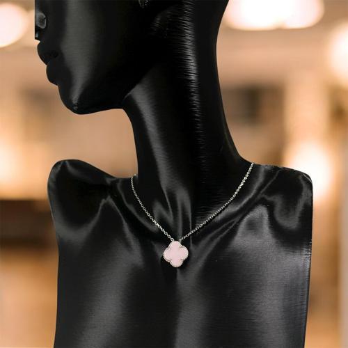 925 Ayar Gümüş Toz PembeTaşlı Şans Yoncası Van Cleef  Kolye Kadın Takı