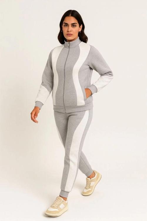 Kadın Premium Parçalı Eşofman Takım - Dik Yaka Fermuarlı Sweatshirt - Gri