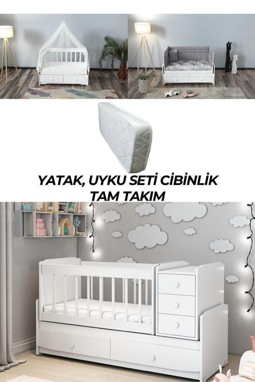 Ms 290 Beyaz Büyüyebilen Beşik Yatak Uyku Seti Cibinlik Tam Takım