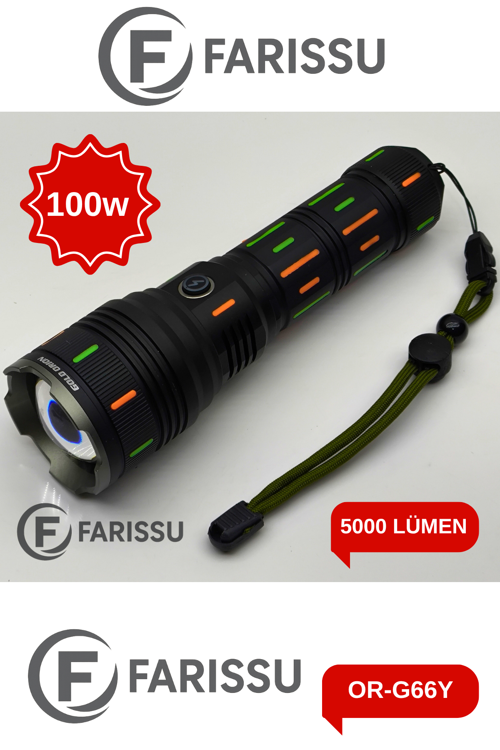 OR-G66Y 100W Profesyonel Şarjlı Fener: 5000 Lümen, 1.5 KM Zoomlu Menzil ve Powerbank Özelliği