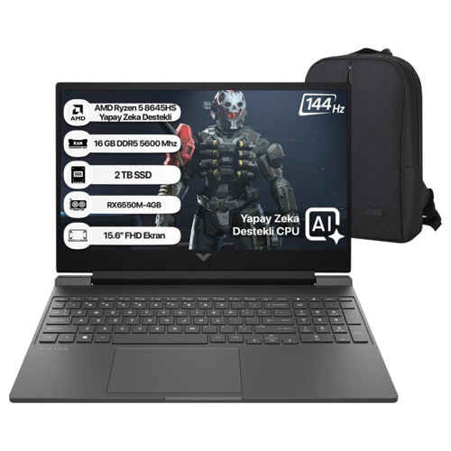 Victus Amd Ryzen-5 8645HS 16GB Ram 2tb SSD RX6550M Freedos 15.6" Fhd 144Hz IPS Taşınabilir Bilgisayar & Cimete Çanta Hed