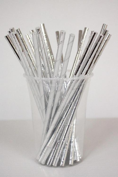 Metalize Gümüş Kağıt Pipet 6mm x 19,5cm - 25 Adet