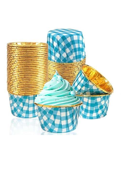 Muffin Kek Kapsülü Kare Desenli Mavi-Altın 25li