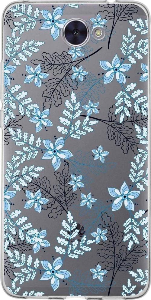 Huawei Y7 2017 Uyumlu Kapak Floral Mavi Tasarımlı Şeffaf Silikon Kılıf