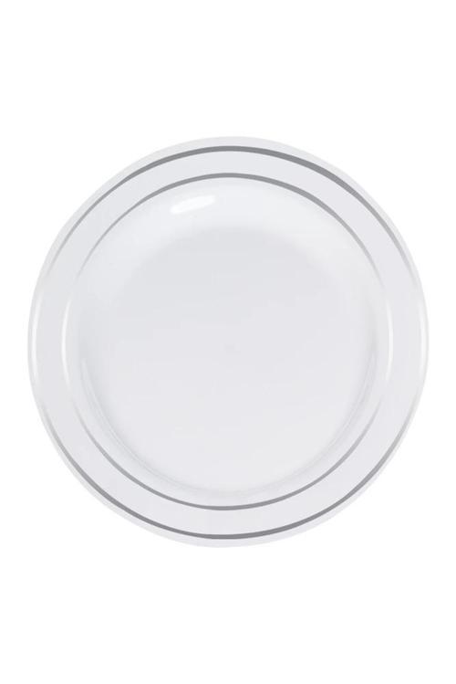 Lüks Plastik Tabak Gümüş Yaldızlı Beyaz 26cm 6lı