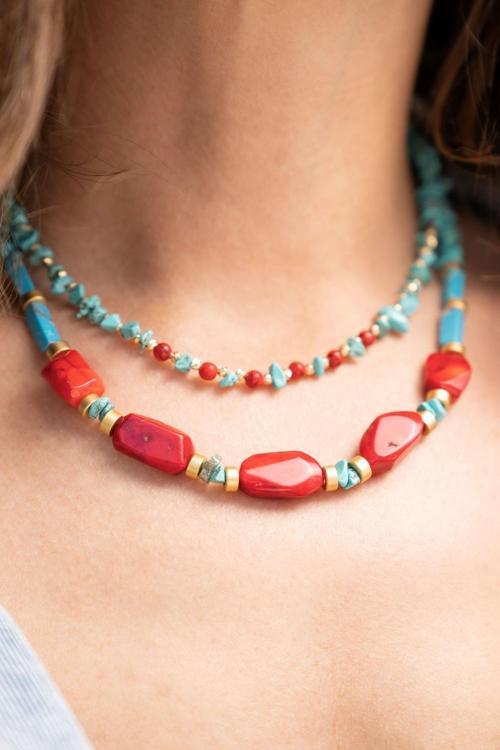 Turkuaz Ve Mercan Doğaltaş Kadın Kolye 2Li Set