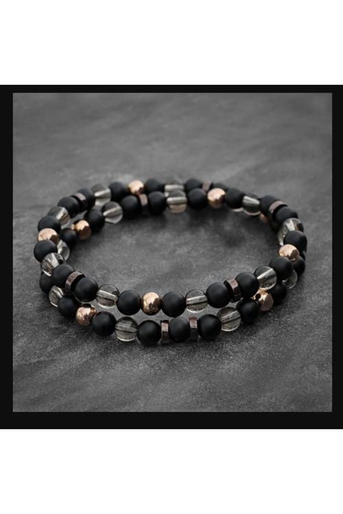 Dumanlı Kuvars, Mat Oniks Ve Hematit Doğal Taş Bileklik 2Li Kombin